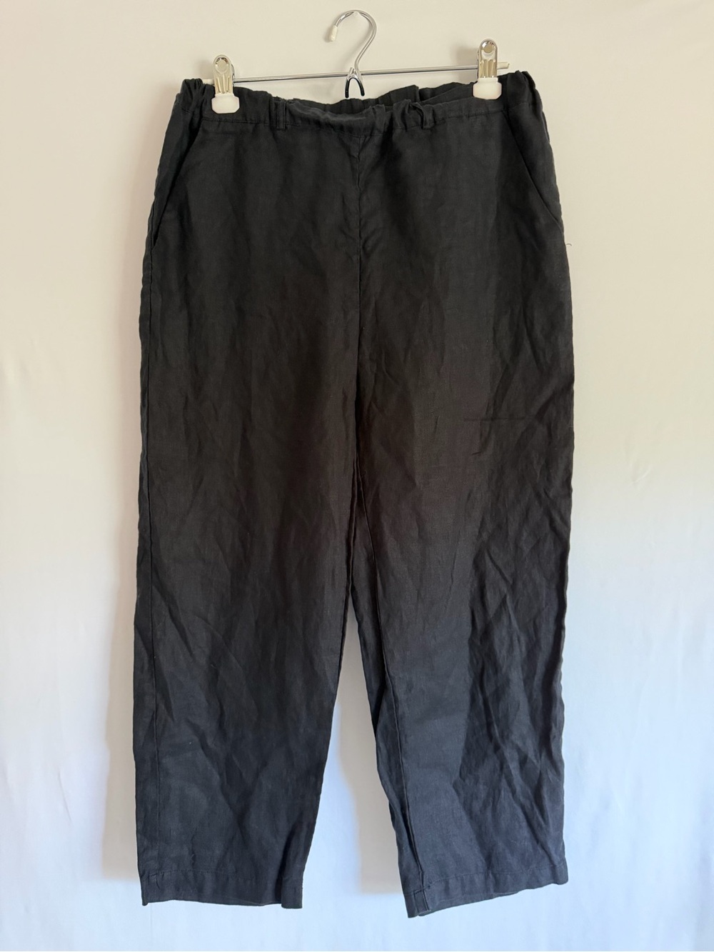 Quince Womens Linen Cropped Tapered Pants Black Pull-On Elastic Waist Pockets